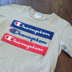 CHAMPION I Red, White & Blue Striped Embroidered Logo Short Sleeve T-Shirt, M